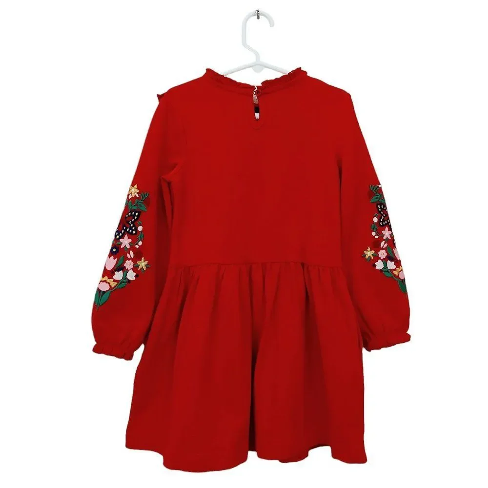 Mini Boden Dress Girls 4-5Y Red Embroidered Floral Pleated Ruffles Cotton Blend - Picture 7 of 11